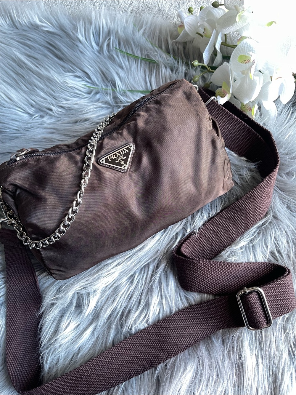 Prada Brown Nylon Crossbody Bag with Chain Accent